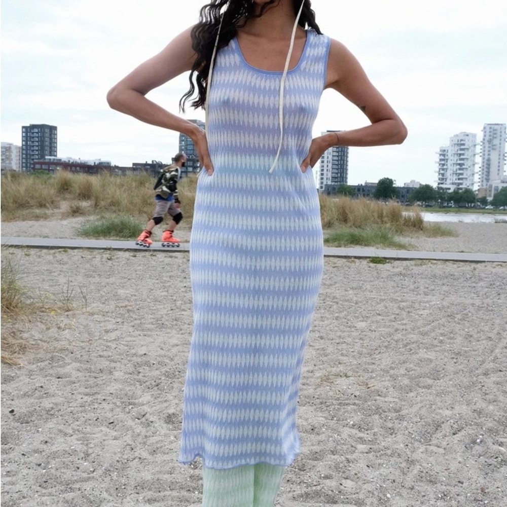 RUS Suisen Knit Maxi Dress Pale Blue White Italian Yarns
